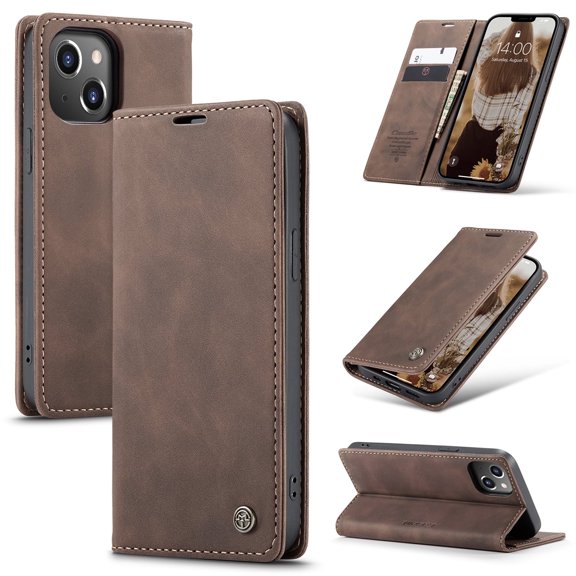 CaseMe Leather for iPhone 13 Case, Flip Wallet Leather Case with Card Holder Magnetic Closure Shockproof Kickstand Protective Phone Cases Cover for iPhone 13,Coffee,For iPhone 13