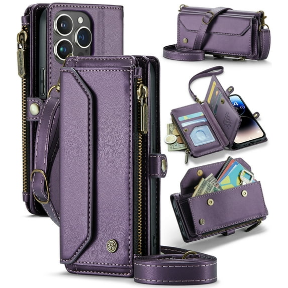 CaseMe Leather for iPhone 14 Pro 6.1-inch Case Wallet【RFID Blocking】with 7-Card Holder Zipper Bills Slot, Soft PU Leather Magnetic Shoulder Wrist Strap for iPhone 14 Pro 6.1-inch Wallet Case Women