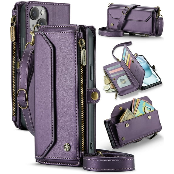 CaseMe Leather for iPhone 15 Plus 6.7-inch Case Wallet【RFID Blocking】with 10-Card Holder Zipper Bills Slot, Soft PU Leather Magnetic Shoulder Wrist Strap for iPhone 15 Plus 6.7-inch Wallet Case Women