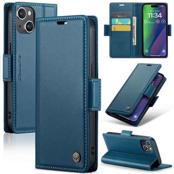CaseMe Leather For iPhone 15 Plus Wallet Case with RFID Blocking, For iPhone 15 Plus  Case Wallet for Women Men Card Holder Magnetic Clasp Kickstand Folio Case for iPhone 15 Plus,Blue