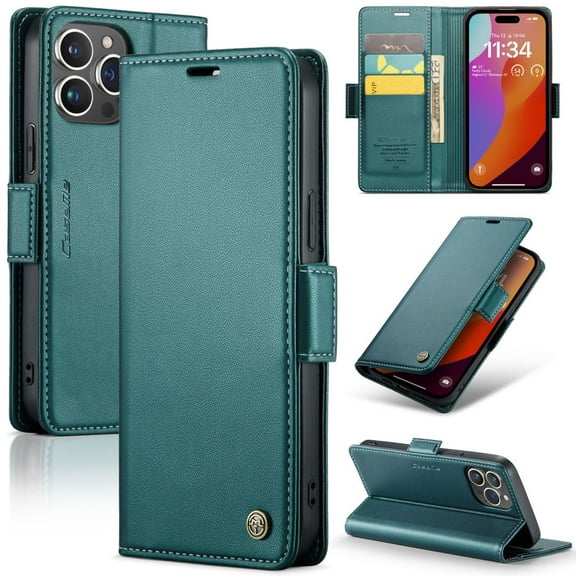 CaseMe Leather For iPhone 15 Pro Wallet Case with RFID Blocking, For iPhone 15 Pro Case Wallet for Women Men Card Holder Magnetic Clasp Kickstand Folio Case for iPhone 15 Pro Ma,Green