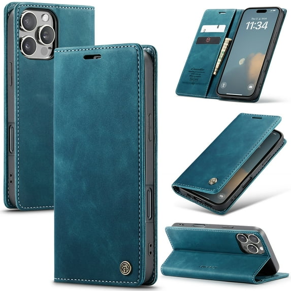 CaseMe Leather for iPhone 16 Pro Case, Flip Wallet Leather Case with Card Holder Magnetic Closure Shockproof Kickstand Protective Phone Cases Cover for iPhone 16 Pro,Blue,For iPhone 16 Pro
