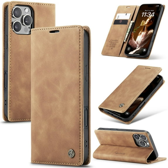CaseMe Leather for iPhone 16 Pro Case, Flip Wallet Leather Case with Card Holder Magnetic Closure Shockproof Kickstand Protective Phone Cases Cover for iPhone 16 Pro,Brown,For iPhone 16 Pro