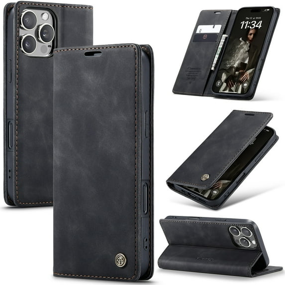 CaseMe Leather for iPhone 16 Pro Max Case, Flip Wallet Leather Case with Card Holder Magnetic Closure Shockproof Kickstand Protective Phone Cases Cover for iPhone 16 Pro Max,Black