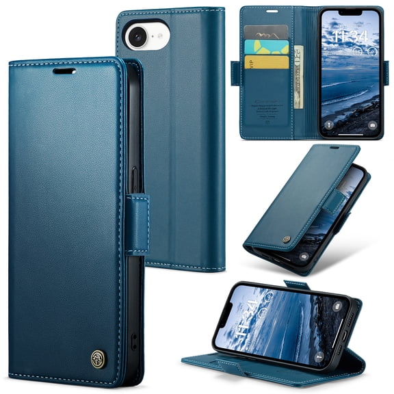 CaseMe Leather For iPhone 16e Wallet Case with RFID Blocking, For iPhone 16e Case Wallet for Women Men Card Holder Magnetic Clasp Kickstand Folio Case for iPhone 16,Blue,For iPhone 16e