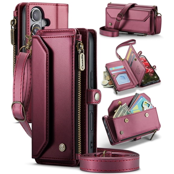 CaseMe Leather for iPhone 17 6.3-inch Case Wallet【RFID Blocking】with 7-Card Holder Zipper Bills Slot, Soft PU Leather Magnetic Shoulder Wrist Strap for iPhone 17 6.3-inch Wallet Case Women,Wine Red