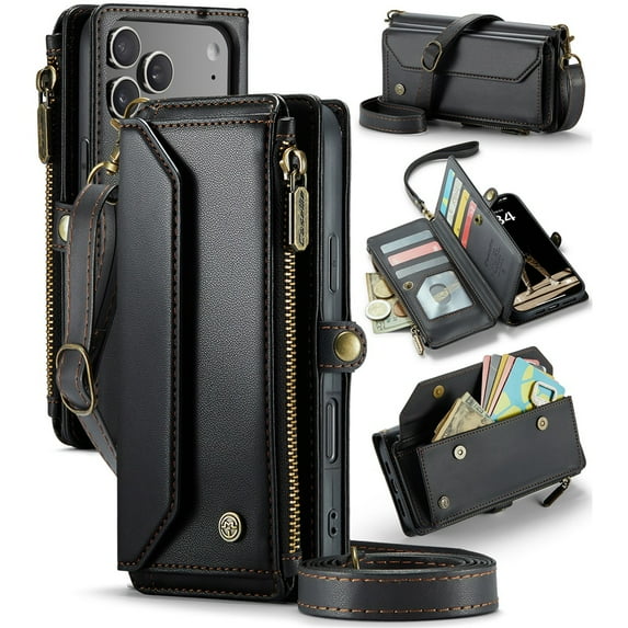 CaseMe Leather for iPhone 17 Pro Max 6.9-inch Case Wallet【RFID Blocking】with 10-Card Holder Zipper Bills Slot, Soft PU Leather Magnetic Shoulder Wrist Strap for iPhone 17 Pro Max Wallet Case Women