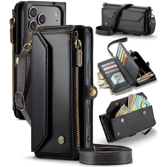 CaseMe Leather for iPhone 17 Pro Max 6.9-inch Case Wallet【RFID Blocking】with 10-Card Holder Zipper Bills Slot, Soft PU Leather Magnetic Shoulder Wrist Strap for iPhone 17 Pro Max Wallet Case Women
