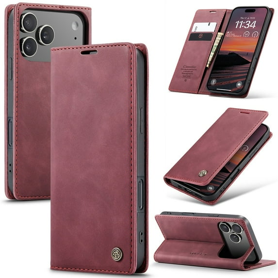 CaseMe Leather for iPhone 17 Pro Max Case, Flip Wallet Leather Case with Card Holder Magnetic Closure Shockproof Kickstand Protective Phone Cases Cover for iPhone 17 Pro Max,Wine Red