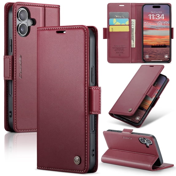 CaseMe Leather For iPhone 17 Wallet Case with RFID Blocking, For iPhone 17 Case Wallet for Women Men Card Holder Magnetic Clasp Kickstand Folio Case for iPhone 17,Wine Red,For iPhone 17