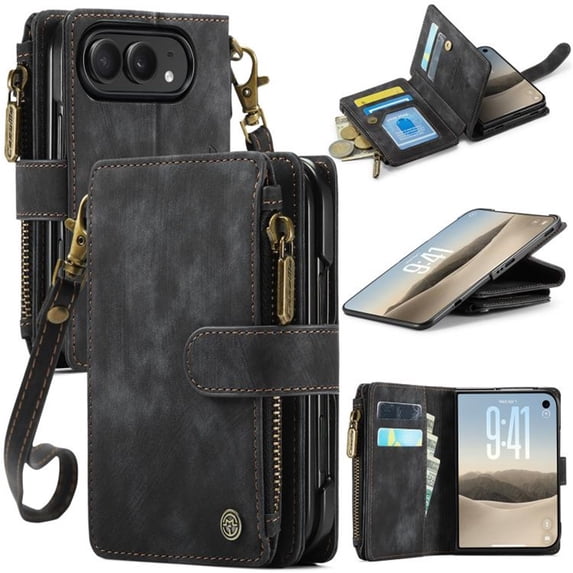 CaseMe PU Leather For iPhone Duo Wallet Phone Case, With Wristlet Lanyard, Zipper Card Holder Magnetic Flip Cover,Black,For iPhone Duo