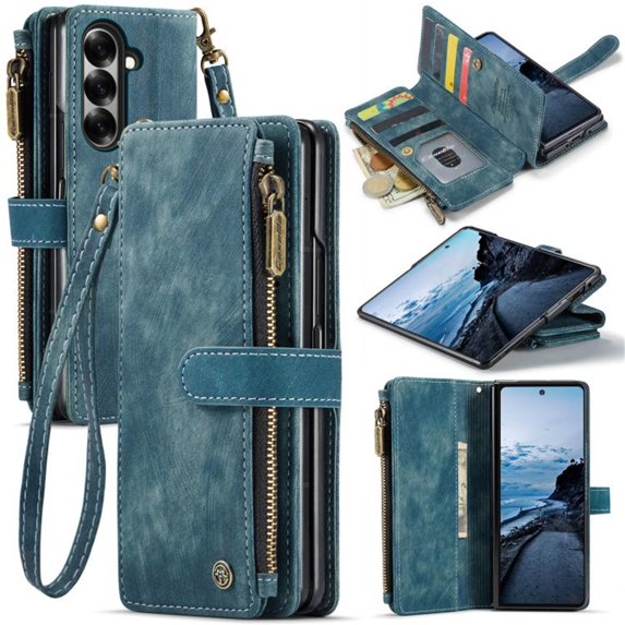 CaseMe PU Leather For Samsung Galaxy Z Fold8 Ultra 5G Wallet Phone Case, With Wristlet Lanyard, Zipper pocket,Multi Card Holder Magnetic Flip Cover,Blue