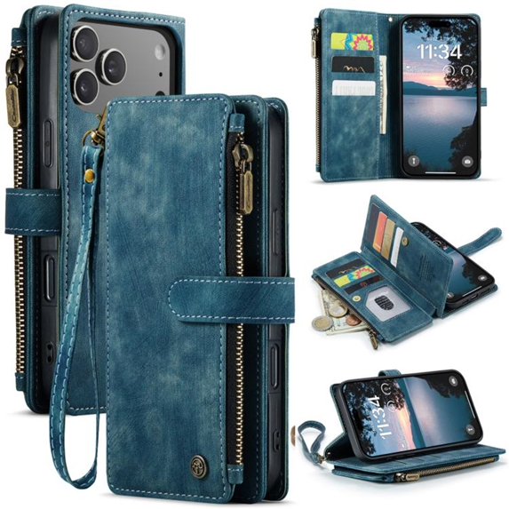 CaseMe PU Leather For iPhone 18 Pro Wallet Phone Case, With Wristlet Lanyard, Zipper pocket,Multi Card Holder Magnetic Flip Cover,Blue,For iPhone 18 Pro