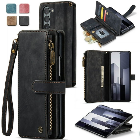 CaseMe Phone Case Wallet Case for Samsung Glalxy Z Fold 6 PU Leather Magnetic Handbag Zipper Pocket Card Slots