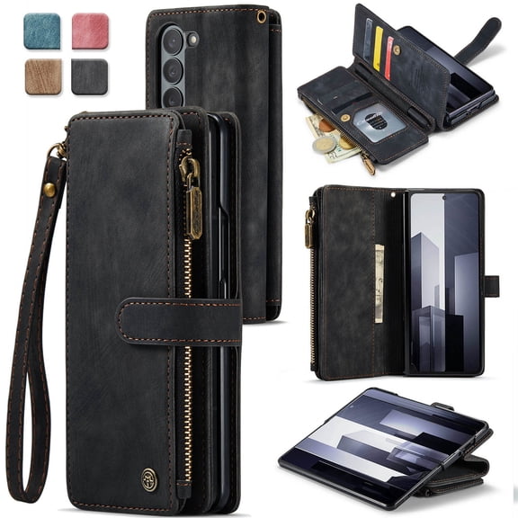 CaseMe Phone Case Wallet Case for Samsung Glalxy Z Fold 6 PU Leather Magnetic Handbag Zipper Pocket Card Slots