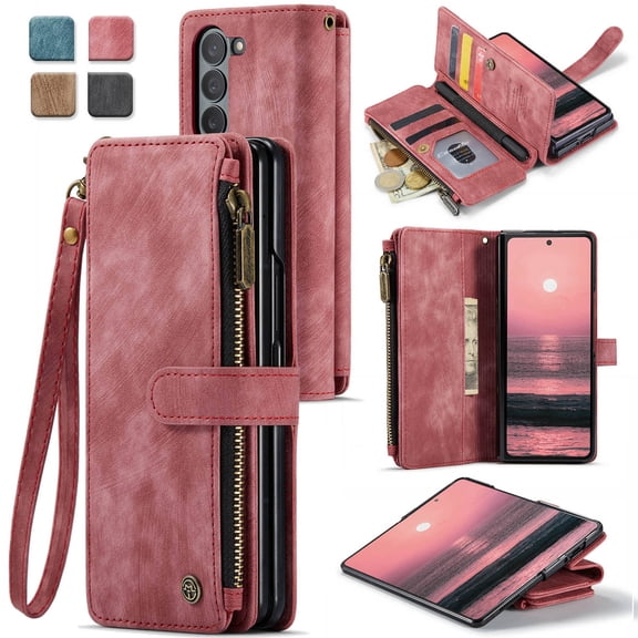 CaseMe Phone Case Wallet Case for Samsung Glalxy Z Fold 6 PU Leather Magnetic Handbag Zipper Pocket Card Slots