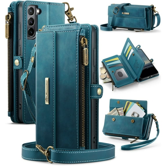 CaseMe Wallet Case For Samsung Galaxy S21 Plus 5G, RFID Blocking PU Leather Case Women Men Kickstand flip Cover Wrist Strap Zipper Credit Card Holder Slot,Blue,For Galaxy S21 Plus(5G)