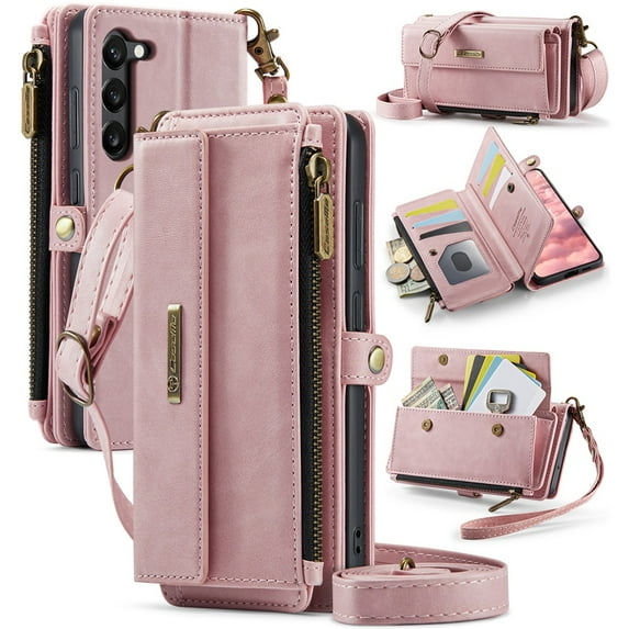 CaseMe Wallet Case For Samsung Galaxy S23 5G, RFID Blocking PU Leather Case Women Men Kickstand flip Cover Wrist Strap Zipper Credit Card Holder Slot,Pink,For Galaxy S23(5G)