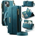 thumbnail image 1 of CaseMe Wallet Case For iPhone 15 6.1-inch, RFID Blocking PU Leather Case Women Men Kickstand flip Cover Wrist Strap Zipper Credit Card Holder Slot,Blue,For iPhone 15, 1 of 10