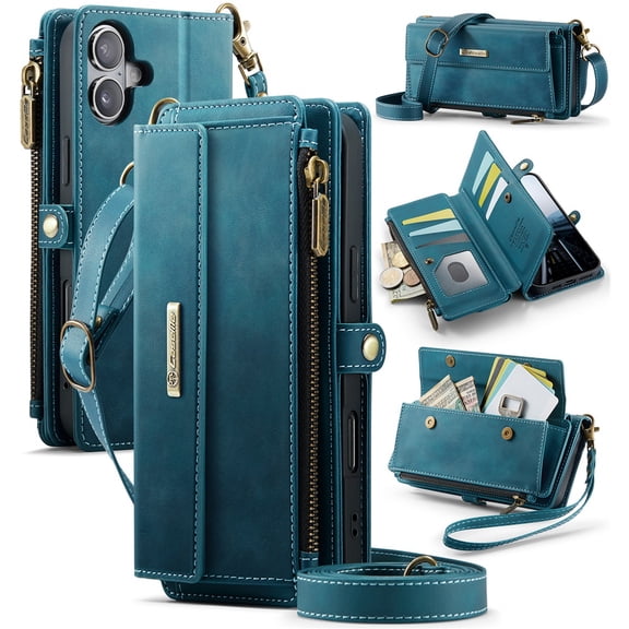 CaseMe Wallet Case For iPhone 16 6.1-inch, RFID Blocking PU Leather Case Women Men Kickstand flip Cover Wrist Strap Zipper Credit Card Holder Slot,Blue,For iPhone 16
