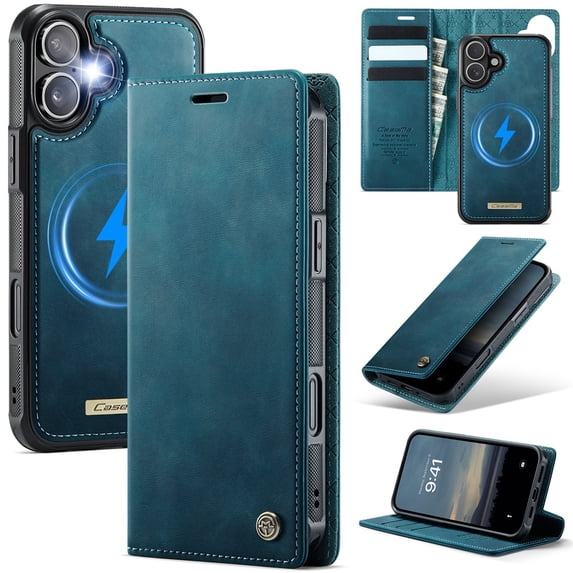 CaseMe Wallet Case for iPhone 17 Compatible with Magsafe, 2-in-1 PU Leather【RFID Blocking】Flip Card Holder Stand Shockproof Magnetic Detachable Cover for iPhone 17 6.3",Blue,For iPhone 17