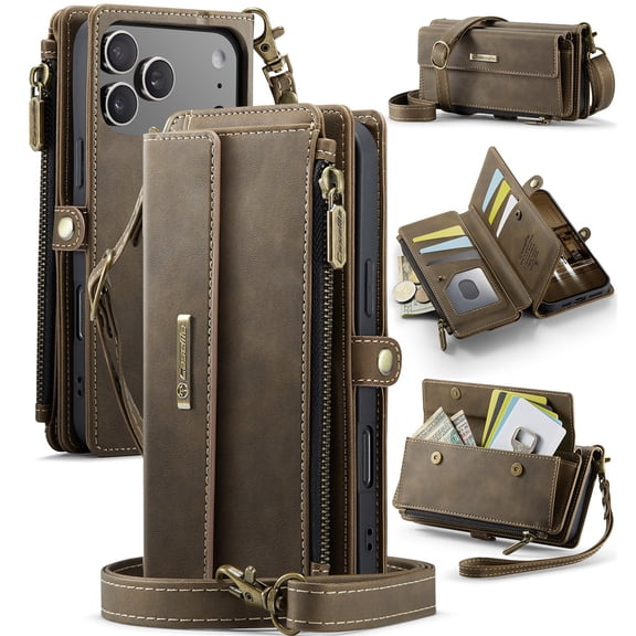 CaseMe Wallet Case For iPhone 17 Pro Max 6.9-inch, RFID Blocking PU Leather Case Women Men Kickstand flip Cover Wrist Strap Zipper Credit Card Holder Slot,Coffee,For iPhone 17 Pro Max