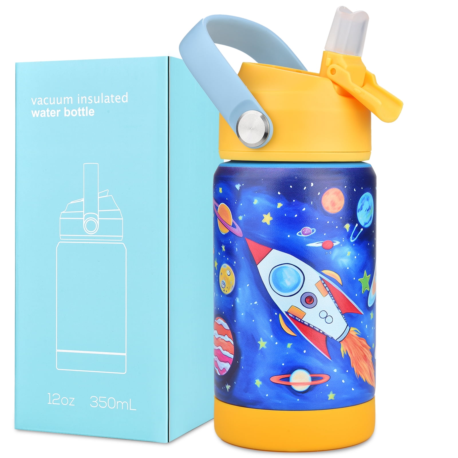 CaseTown 12oz Kids Insulated Water Bottle, Leak-proof Toddler Cup With Straws Lids, Kids Water Bottles For School Boys Girls, Stainless Steel Vacuum Insulated Bottle For Kids (Space Rocket)