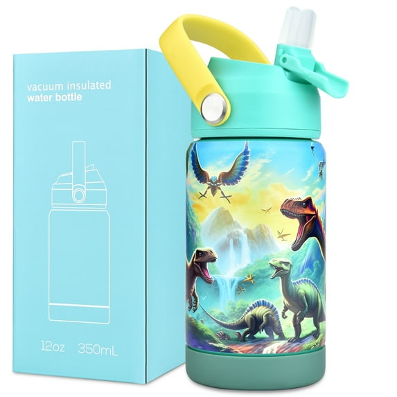 CaseTown 12oz Kids Insulated Water Bottle, Leak-proof Toddler Cup With Straws Lids, Kids Water Bottles For School Boys Girls, Stainless Steel Vacuum Insulated Bottle For Kids (Dinosaur)