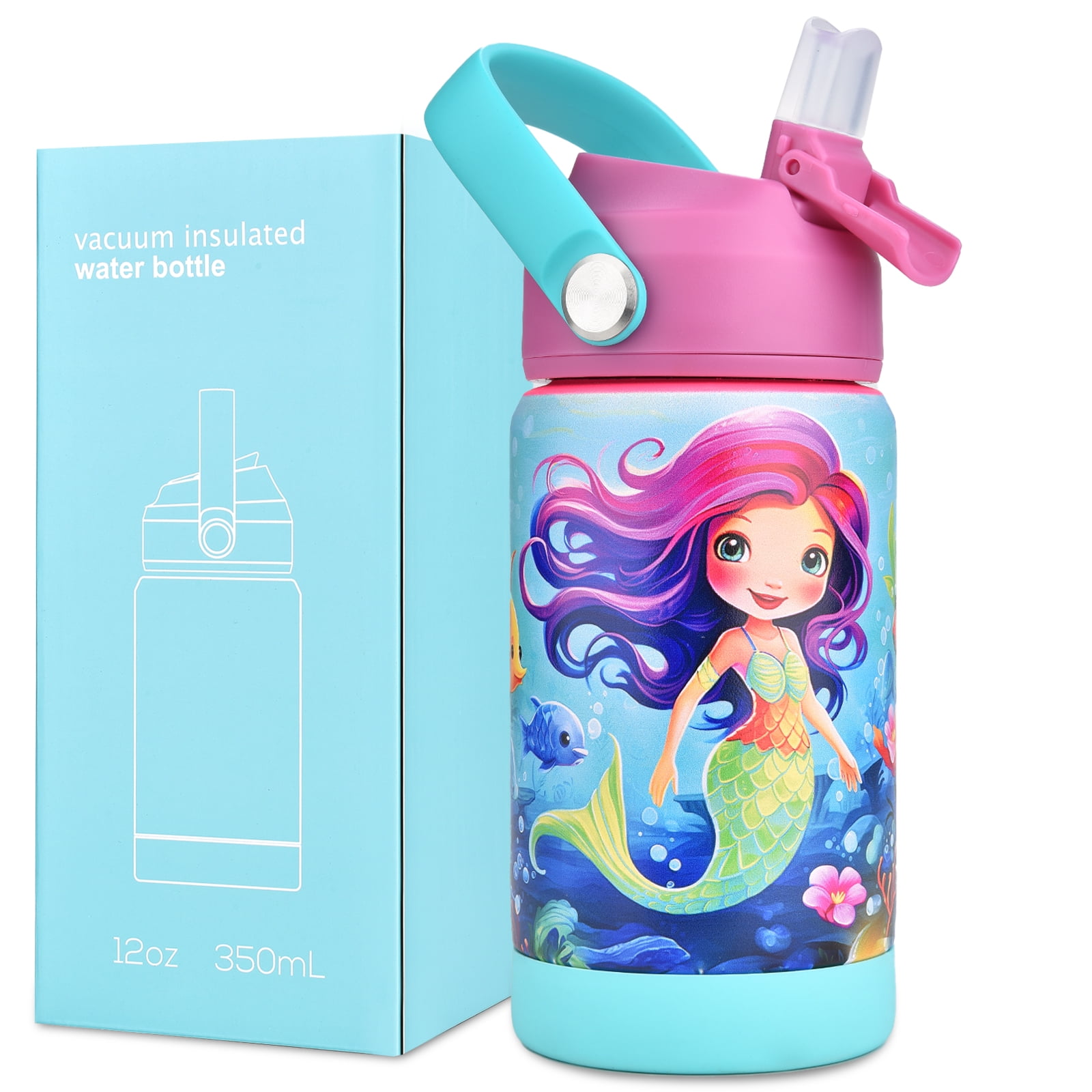 CaseTown 12oz Kids Insulated Water Bottle, Leak-proof Toddler Cup With Straws Lids, Kids Water Bottles For School Boys Girls, Stainless Steel Vacuum Insulated Bottle For Kids (Cute Mermaid)