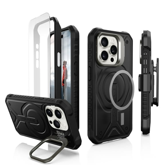 Caseborne Compatible with iPhone 15 Pro Protective Case - 5-Layer Construction, Compatible with MagSafe, Tempered Glass Screen Protector, Kickstand & Holster - Black