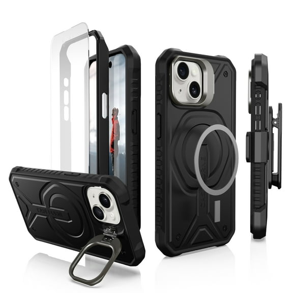 Caseborne Compatible with iPhone 15 Protective Case - 5-Layer Construction, Compatible with MagSafe, Tempered Glass Screen Protector, Kickstand & Holster - Black