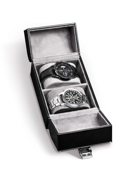2-Slot Double-Door Watch Storage Box, Side Hidden Drawer for Rings, Earrings, Men Gift Organizer Case for Watch & Jewelry