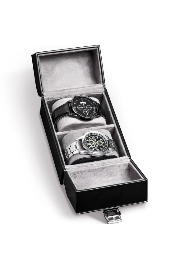 2-Slot Double-Door Watch Storage Box, Side Hidden Drawer for Rings, Earrings, Men Gift Organizer Case for Watch & Jewelry