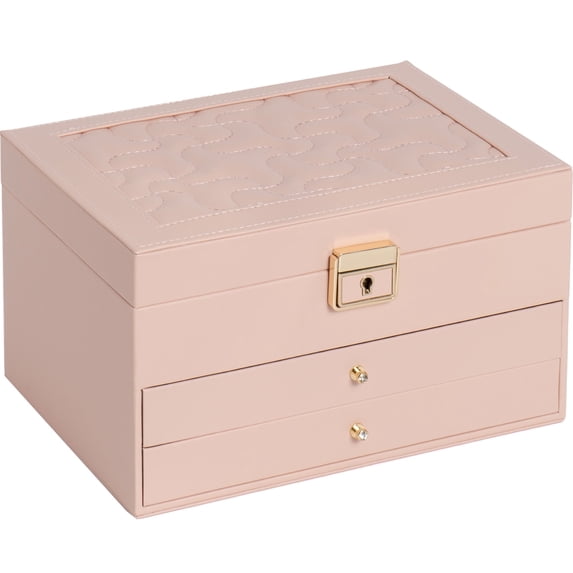 Casegrace 3 Layer Large Jewelry Storage Box, 2 Drawers Jewelry Organizer Case with Gray Velvet, Lockable Jewellery Holder Display for Earring Rings Necklace Bracelet Watch, Women Girls Kid Gifts