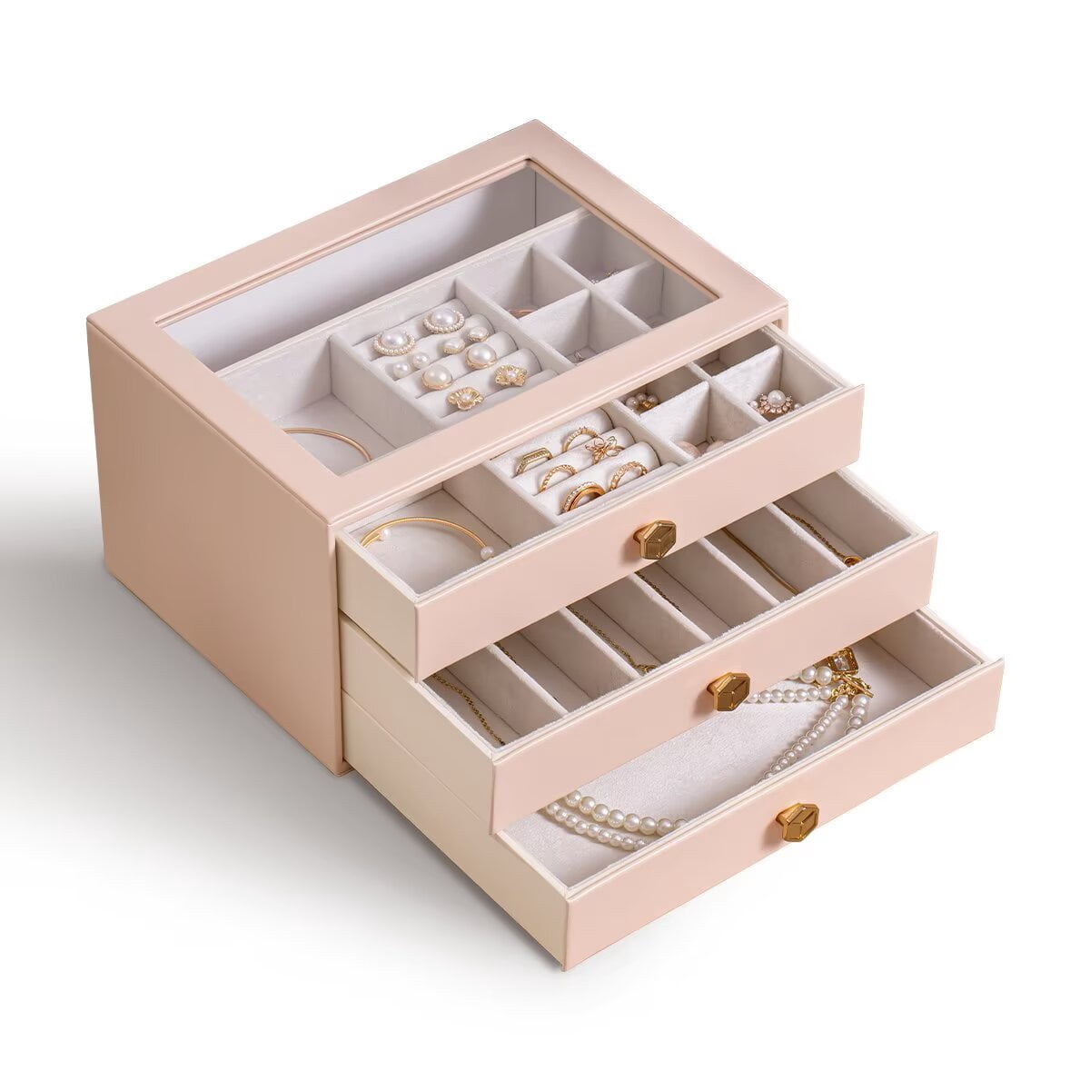 Casegrace 3-Layered Jewelry Storage Box With Top Clear-window, 3 Pull-Out Drawers Organizer, Soft Velvet & PU Leather Jewelry Case for Women's Rings, Earrings, Necklaces, Bracelets, Home Decor