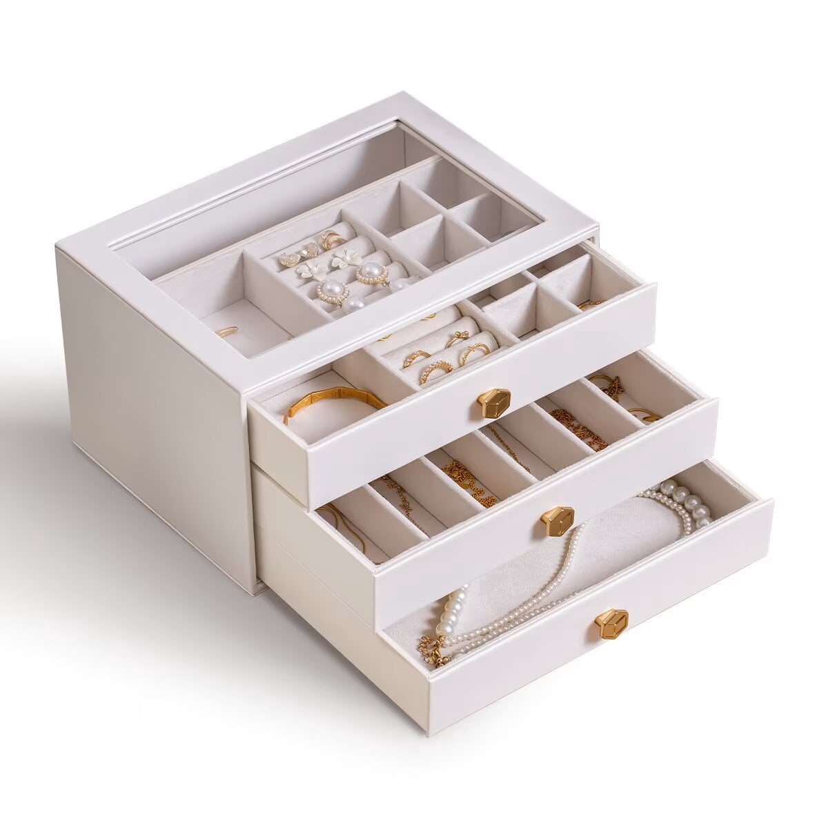 Casegrace 3-Layered Jewelry Storage Box With Top Clear-window, 3 Pull-Out Drawers Organizer, Soft Velvet & PU Leather Jewelry Case for Women's Rings, Earrings, Necklaces, Bracelets, Home Decor