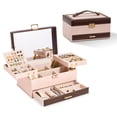 thumbnail image 1 of Casegrace 3-Tier 3D Structure Jewelry Box with Double-Sided Pull-Out Tray, Striped Color-Block PU Leather Jewelry Storage Box, Built-in Mirror, Layered Expandable Portable Jewelry Organizer Case, 1 of 10