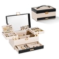 thumbnail image 1 of Casegrace 3-Tier 3D Structure Jewelry Box with Double-Sided Pull-Out Tray, Striped Color-Block PU Leather Jewelry Storage Box, Built-in Mirror, Layered Expandable Portable Jewelry Organizer Case, 1 of 10