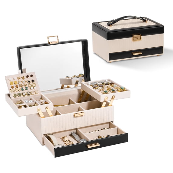 Casegrace 3-Tier 3D Structure Jewelry Box with Double-Sided Pull-Out Tray, Striped Color-Block PU Leather Jewelry Storage Box, Built-in Mirror, Layered Expandable Portable Jewelry Organizer Case