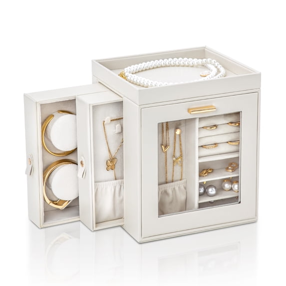 Casegrace 360° Rotatable Jewelry Box With Built-in Expandable Mirror, Side Storage Compartments With Clear Flip Window, Dual Pull-out Side Drawers Orgaznier for Rings, Earrings, Necklaces