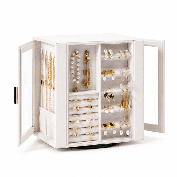 Casegrace 360° Rotating 5-Tier Drawers Jewelry Storage Box, 2-Side Clear Window Necklace Display Holder, Decorative Jewellery Organizer Case for Earrings, Rings, Bracelets, Watches