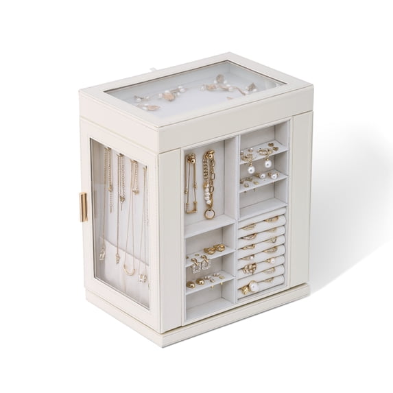 Casegrace 360° Rotating 6-Tier Huge Jewelry Organizer Box with 5 Drawers, 2-Side Clear Window Necklace Display Holder, Decorative Jewellery Storage Case for Earrings, Rings, Bracelets, Watches