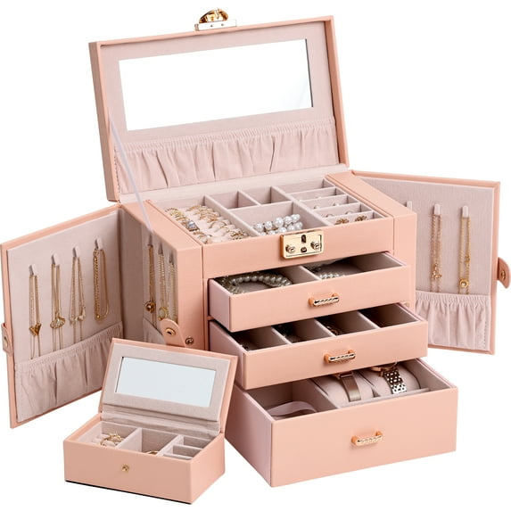 Casegrace 4-Tier Huge Jewelry Organizer with Small Jewelry Case, Built-in Large Mirror Case, 2 Side-door Necklace Display Holder, 3 Drawers Storage Jewelry Box for Earrings, Rings, Bracelets, Watches