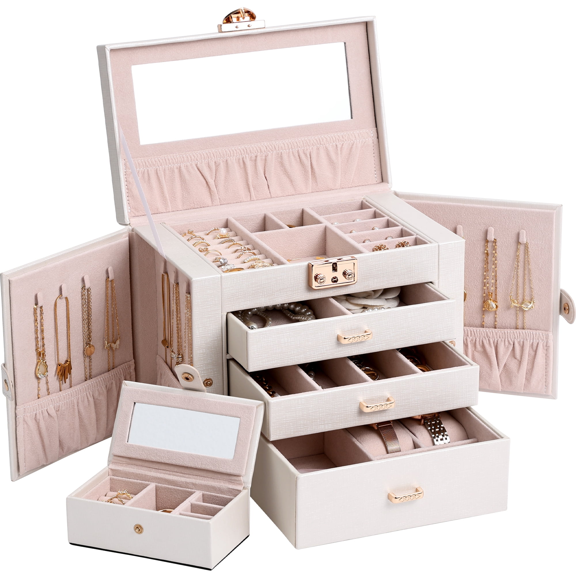 Casegrace 4-Tier Huge Jewelry Organizer with Small Jewelry Case, Built-in Large Mirror Case, 2 Side-door Necklace Display Holder, 3 Drawers Storage Jewelry Box for Earrings, Rings, Bracelets, Watches