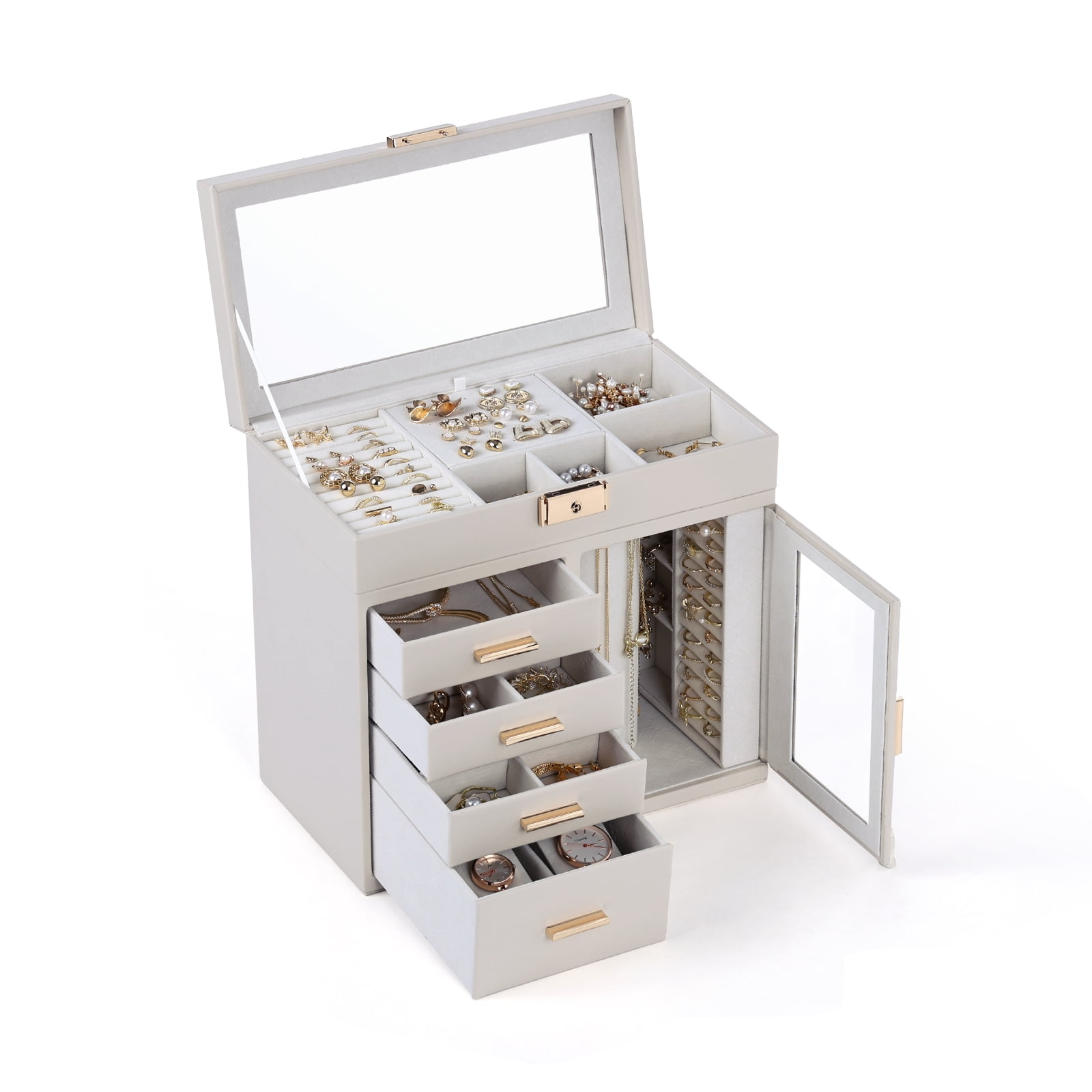 Casegrace 5-Tier Huge Jewelry Organizer with 4 Drawers, Clear Window Flip Lid Jewelry Box, Rotating Column Necklace Storage Case, Clear Open-door Standing Holder for Earrings, Rings