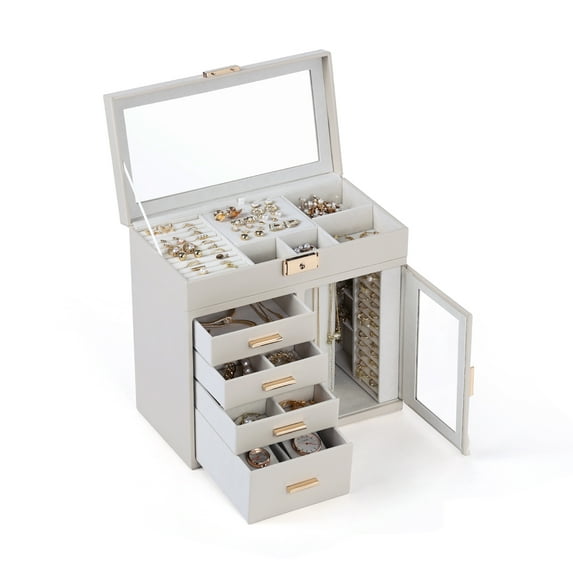 Casegrace 5-Tier Huge Jewelry Organizer with 4 Drawers, Clear Window Flip Lid Jewelry Box, Rotating Column Necklace Storage Case, Clear Open-door Standing Holder for Earrings, Rings