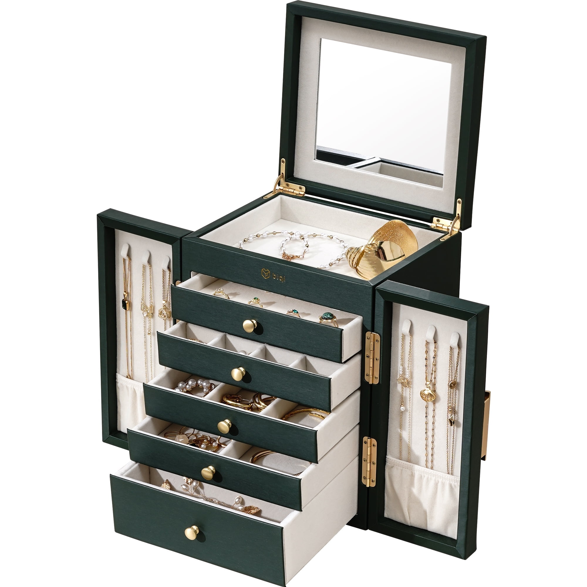 Casegrace 6-Tier Huge Jewelry Box for Women Girls with Mirror 5 Drawers Organizer Necklace Ring Earring Storage Opening Door Gift Case