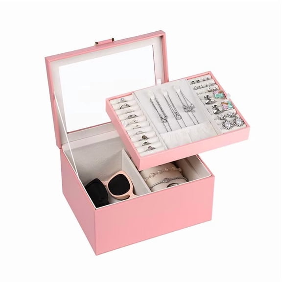 Casegrace Clear Flip Jewelry Box With Detachable Tray, Doule-Layer Storage Case, Mirror/Necklace Hook Double Panel, Jewelry Organizer for Rings, Earrings, Necklaces, Sunglasses, Bracelet