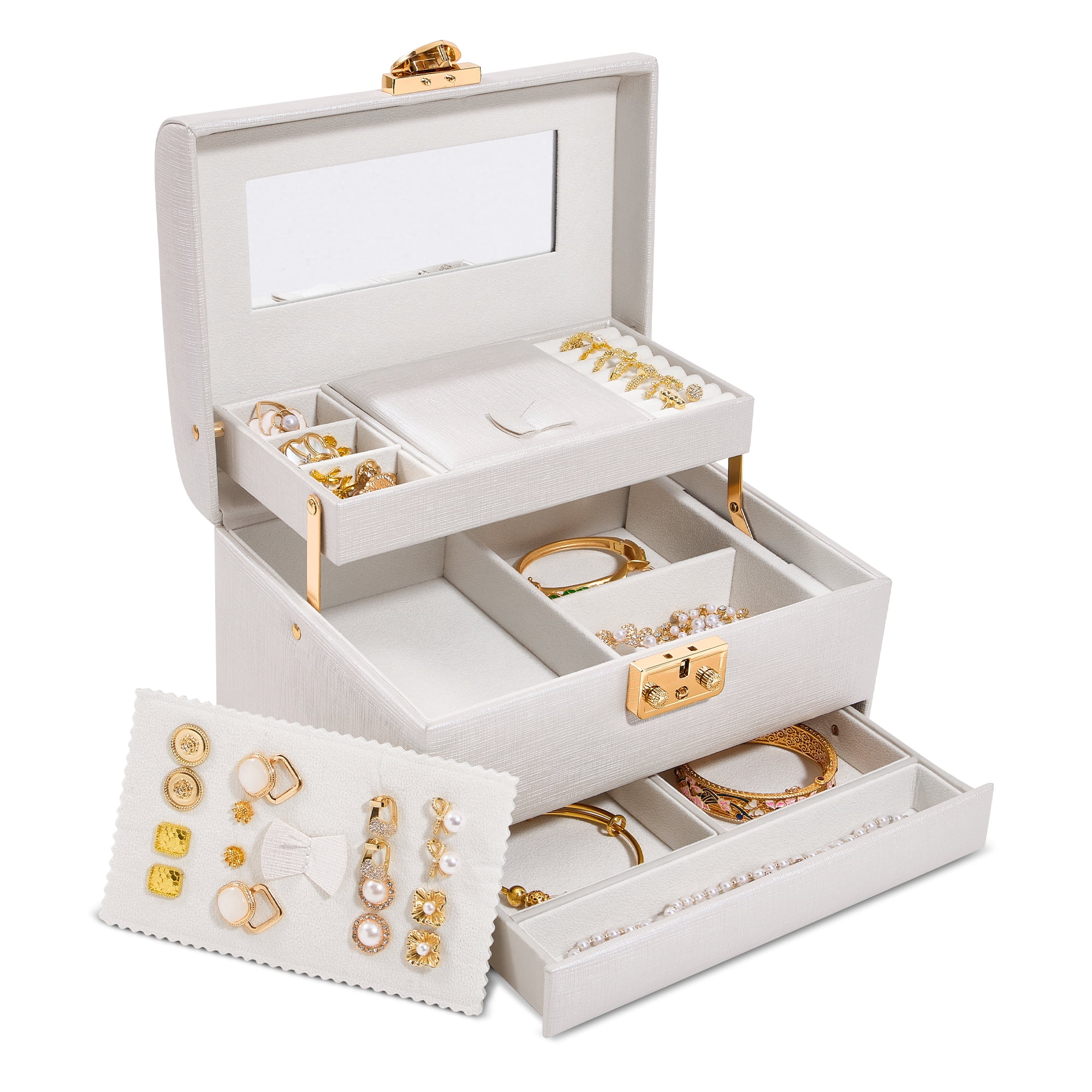 Casegrace Heart Shaped Lock Jewelry Box With Sync Open/Close Drawer, Multi-Layer Storage Case, Built-in Mirror, Portable Jewelry Organizer for Women Rings, Earrings, Necklaces, Valentine’s Day Gift