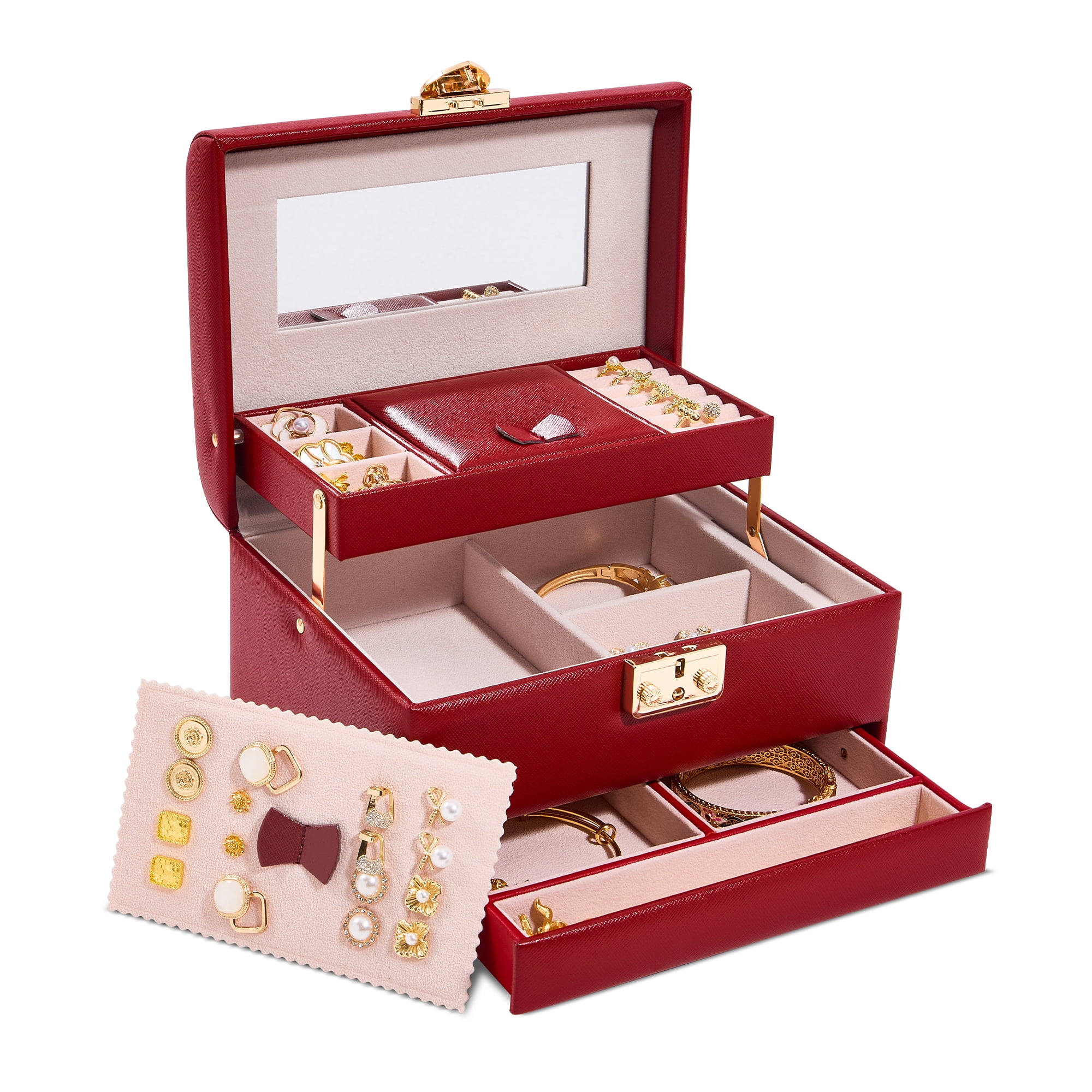 Casegrace Heart Shaped Lock Jewelry Box With Sync Open/Close Drawer, Multi-Layer Storage Case, Built-in Mirror, Portable Jewelry Organizer for Women Rings, Earrings, Necklaces, Valentine’s Day Gift